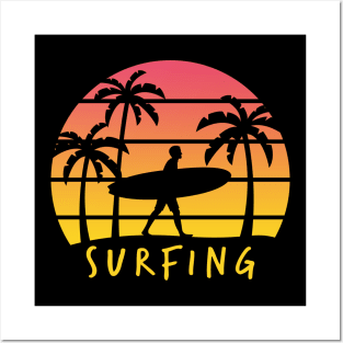 RETRO SUNSET SURFING SUMMER BEACH PALM Posters and Art